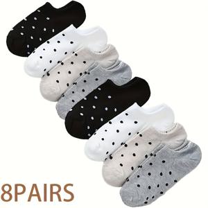 TEMU 여성용 여름 얇은 솔리드 컬러 도트 프린트 보트 양말 8팩, 트렌디한 다용도 귀여운 인비저블 양말