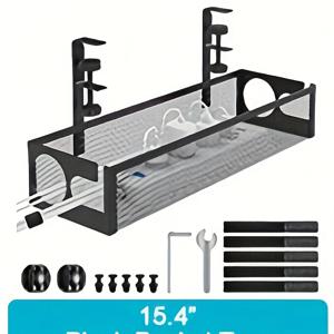 TEMU [이중 구멍 디자인] 책상 밑 케이블 정리 트레이, 쉬운 케이블 접근을 위한 양면 슬롯 디자인, 무타공 금속 메쉬 케이블 정리함, 나사 및 클램프가 포함된 조절식 코드 히더, 사무실 가정용 책상용 대용량 멀티탭 홀더