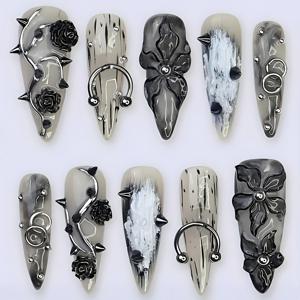 TEMU 24개 롱 스틸레토 인조 손톱 XXL/XXXL 고스 블랙 네일 팁 블랙 로즈 3D 라인 아트 디자인 펑크 스타일 글로시 풀 커버 여성용 인조 네일 데일리 웨어