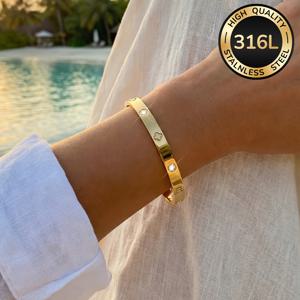 TEMU 여성용 패션 18K 금도금 스테인리스 스틸 팔찌, 반짝이는 스톤 인레이, 저자극성, 방수, 변색 방지 패션 주얼리, 일상복 또는 파티용으로 적합, 어머니의 날 선물로도 이상적