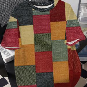 TEMU 남성용 빈티지 패치워크 티셔츠 - 멀티컬러 스퀘어 프린트 반팔 여름 캐주얼 라운드넥 탑, 투톤 2-in-1 룩, 레이어링 또는 단독 착용 가능 - 캐주얼 아웃핏을 위한 기계 세탁 가능한 아티스틱 디자인