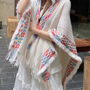 TEMU 여성용 후드 숄, 홀아웃 프린지 케이프 코트, 에스닉 스타일 컬러 블록 후드 여행용 숄, 루즈핏 케이프, 독특한 디자인 니치 후드 프린지 숄, 후드가 있는 아우터웨어 에스닉 스타일 케이프 코트, 여성용 홀아웃 프린지 숄
