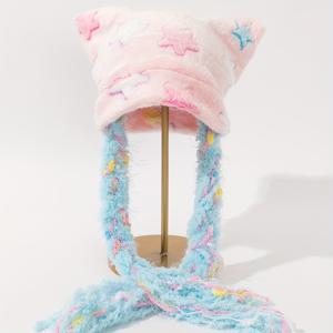 TEMU 1개 가을 겨울 Y2K 스타일 3D 고양이 귀 수면 모자, 도파민 컬러 귀여운 별 프린트, 부드러운 피부 친화적인 원단, 잠옷, 할로윈 의상에 적합
