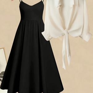 TEMU [원형] 여성용 투피스 엘레강스 단색 슬링 V넥 러플 스타일 드레스, 단색 캐주얼 매듭 로맨틱 긴팔 셔츠 탑, 휴가 웨딩 데일리룩에 적합