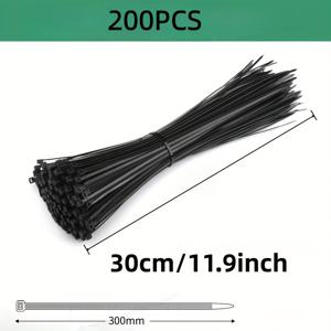 TEMU 200개 블랙 자동잠금 케이블 타이, 30cm 고강도 UV 차단, 가정 및 사무실 전선 정리에 이상적