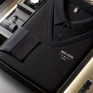 TEMU 상자 미포함 남성용 블랙 스웨터 - 긴소매 페이크 레이어 디자인, 레터 밀란 로고 패치워크 칼라, 하이넥 골프, 비즈니스 캐주얼 및 데일리 웨어에 적합 - 세탁기 사용 가능한 가을 스웨터 - 이상적인 선물, 아웃도어 골프 의류, 니트