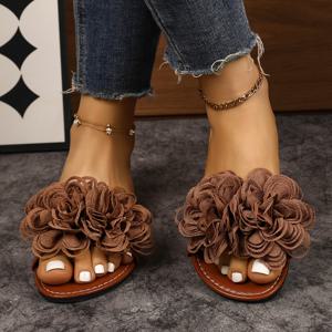TEMU 여성용 플랫 플라워 디자인 샌들, 플러스 사이즈 비치 슬리퍼, 여성 신발