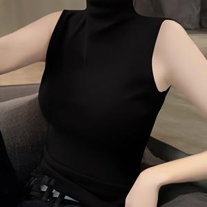 TEMU 여성용 세미 하이넥 베스트, 신상 여름 스타일 민소매 탑, 니치 블랙 베이스 레이어 셔츠