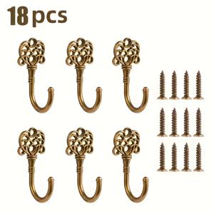TEMU 18피스 브론즈 후크 세트, 아연 합금 창의적인 벽걸이 및 문걸이 후크 - 욕실, 옷장, 금속 코트 걸이용 | 코트, 가방, 열쇠, 커피 머그에 적합 | 홈 데코 플로럴 패턴 후크, 정교한 공예, 실용적인 멀티 기능 후크, 후크