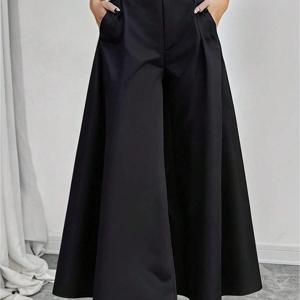 TEMU 버튼-지퍼 솔리드 컬러 와이드 레그 팬츠, 심플하고 우아한 디자인, 직장 및 데일리웨어에 적합, 스커트 팬츠 스타일, 포켓 포함, 핏감 좋은 봄 가을용, 벨트 미포함|치마바지