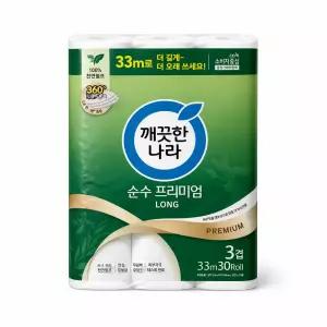 깨끗한나라 순수프리미엄 화장지 30롤 3겹 33m 두루마리 휴지 물에잘녹는 무형광