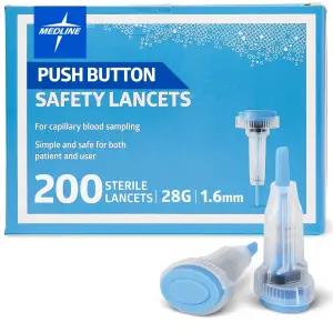 메드라인 멸균 안전 랜싯 푸시 버튼 활성화 혈당 검사 조절된 침투 28G x 1.6mm 200 카운트