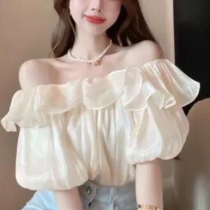 아멜리 여성 오프숄더 블라우스 프릴 셔링 퍼프 하객