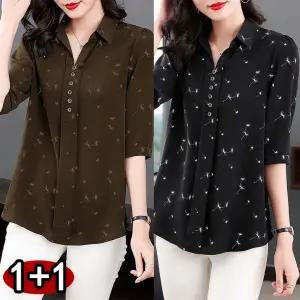 WAMP1+1 M-6XL 빅사이즈 중년여성의류 쉬폰 블라우스 데일리 카라넥 블랙 여자 7부소매 티셔츠 상의