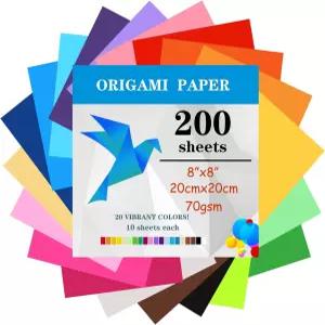 200장의 종이접기 종이 20x20 cm/8 인치 양면 70gsm 20가지 색상의 대형 사각형 DIY 학교 미술 공예