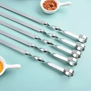 50cm 6Pcs 바베큐 꼬치 스테인레스 스틸 와이드 스틱 플랫 포크 야외 캠핑 피크닉 바베큐기구 주방
