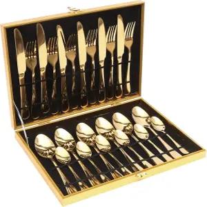 Light 24pcs 스테인리스 스틸 식기류 급 골드 컬러 세트 매력적인 골든 기프트 박스 황금