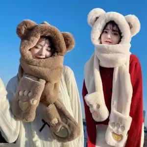 털모자 포근 뽀송 곰발바닥 장갑 일체형 후드 방한 캡