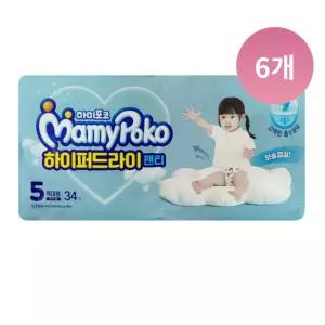 마미포코 하이퍼드라이 팬티형 여아 5단계,34매, 6팩