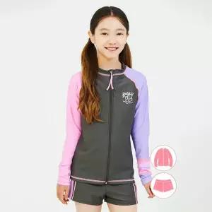 [하프클럽/베이직 엘르]베이직엘르 여아동 언발란스 집업 래쉬가드 비치반바지 세트 BEG-W601G