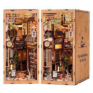 DIY 책 누크 키트 LED 조명이 있는 3D 나무 퍼즐 북엔드 스트리트 골목 하우스 모델 선반 삽입 장식 및 성인 을 위한 예술 공예 선물 고양이를 기다리는