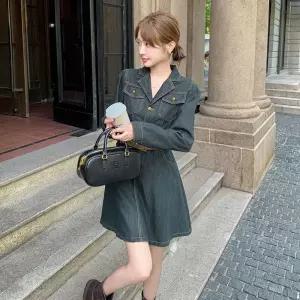 EAMT 여친 원피스 스커트 미니 청 날씬한 조임 긴팔 칼라 정장 프렌치 EUNG3