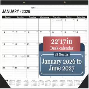 탁상용 달력 2026(2026년 1월 - 2027년 6월) 2026 대형 22 x 17 클래식 블랙 플라스틱 커버 포함 2026-2027