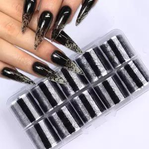 0 롤 레이스 네일 아트 포일 이송 스티커 키트 블랙 플라워 디자인 데칼 홀로그램 DIY 릴 매니 랩 장식