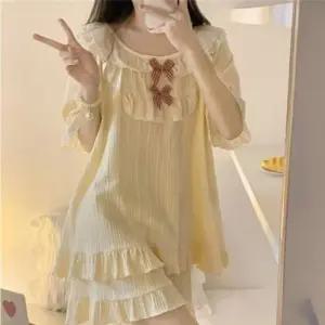 여성 투피스 반바지 세트 반팔 잠옷 리본 프릴 홈웨어 파자마