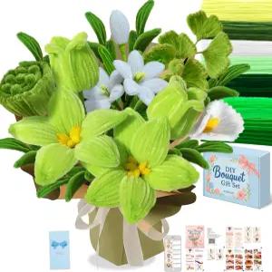 NREDXoon 파이프 클리너 공예 꽃 키트 400PCS 플러피 8색 샤닐 줄기 꽃다발 선물 상자 비디오 지침