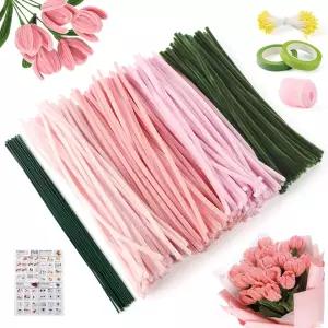DVKHD 400개 핑크 파이프 클리너 공예품 4가지 컬러 벌크 꽃줄 줄기가 있는 DIY 꽃다발 키트용 샤닐 테이프