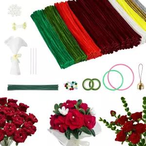 비니쿠스 600 PCS 발렌타인데이 파이프 클리너 공예품 플라워 키트 로즈 DIY 샤닐 스템 그린 및 레드 생일