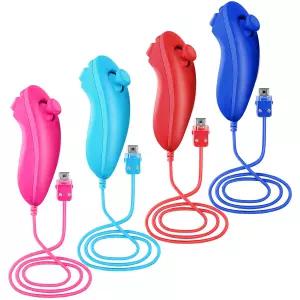 롱롱진 Wii 컨트롤러 4팩 넌척 원격 조이스틱 호환 콘솔 및 U 교체 닌텐도 게임패드 핑크+스카이
