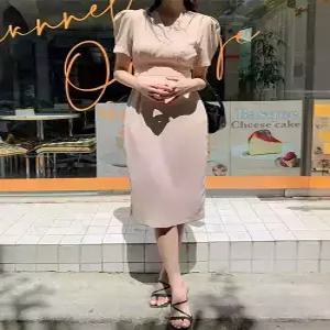 [루엣] [오늘출발]MADE 마몽 퍼프 셔링 브이넥 하객룩 H라인 반팔 롱 원피스