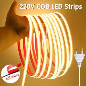 LED 스트립 220V 자가 접착식 COB 조명 드라이버 불필요 유연한 리본 방 주방 야외 정원용