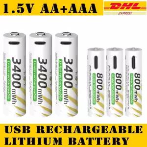 AAA 및 AA 충전식 배터리 USB 리튬이온 3400mWh 1.5V 타입-C 케이블