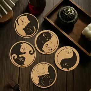 6 PCS 2D 나무 컵받침 나무색 고양이 패턴 테마 데스크탑 단열 매트 홈 장식 커피 사무실용