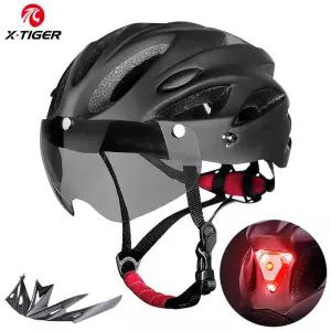 XTIGER 자전거 헬멧 고글 LED 라이트 사이클링 일체형 MTB 성인 도로 스포츠 안전 모자