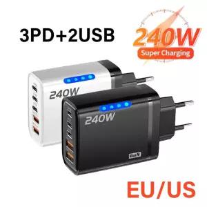 240W GaN 5 in 고속 충전 휴대폰 충전기 USB C 전원 어댑터 타입 EU/US 플러그 벽면 폰 용
