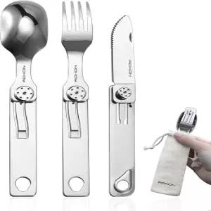 케이스 포함 ROCON 3-in-1 나이프 스푼 포크 - 마그네틱 접이식 스테인리스 스틸 캠핑 도구 세트 하이킹