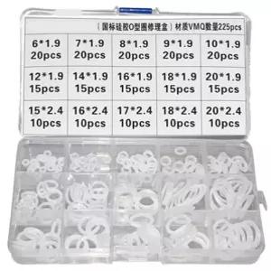 225 PCS VMQ 등급 실리콘 O 링 구색 고무 씰 키트 크기는 6mm O.D.에서 O.D.입니다
