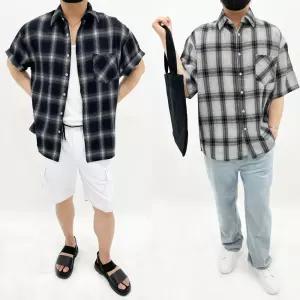 남자 남성 여름 반팔 체크 셔츠 남방 남녀공용 빅사이즈 오버핏 캐주얼 데일리 휴가룩 3color 프리 체크 반팔 셔츠