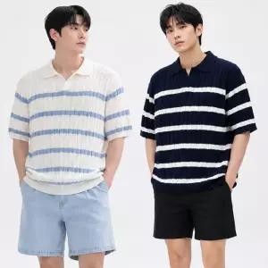 여름 스트라이프 꽈베기 케이블 니트 반팔 카라넥 티셔츠 남성 남자 단가라