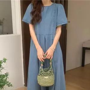 슬림 H 여성 캐주얼 데님 반팔 롱원피스