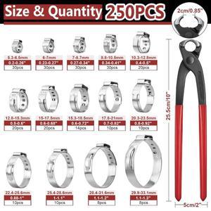 250PCS 단일 귀 호스 클램프 5.3-33.1mm 304 스테인레스 스틸 키트 자동차 파이프 라인 무단 적합