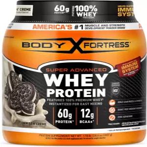 바디 포트리스 슈퍼 어드밴스드 유청 단백질 파우더 쿠키 앤 크림 2 스쿱당 60g 및 12g BCAA 근육 증가
