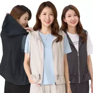 [이브바바]쿨 인견혼방 바스락 파크 골프 숏 후드 집업 조끼 여름 베스트 엄마 중년여성 옷