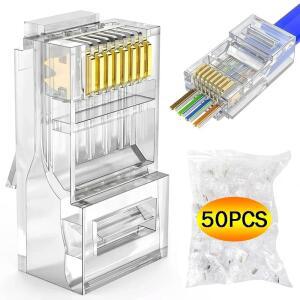 1/10/50Pcs RJ45 Cat6/Cat5e 커넥터 통과 크리스탈 엔드 금도금 8P8C 압착 UTP 표준 이더넷 네트워크 모듈러 플러그