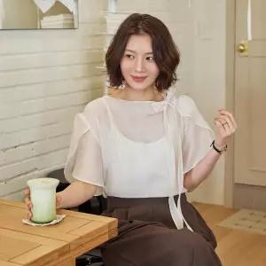 시스루 리본넥 튤립 반팔 블라우스 여성 빅사이즈
