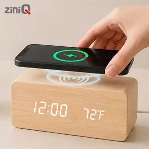 스마트 무선충전 LED 우드 디지털 무소음 전자시계 온도 알람 기능 ZQ-CW700